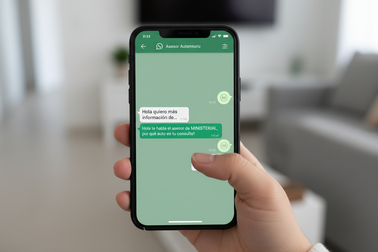 agrega el texto del chat en español que diga "hola quiero mas información de... y la respuesta que diga " hola te habla el asesor de MINISTERIAL, por que auto es tu consulta?